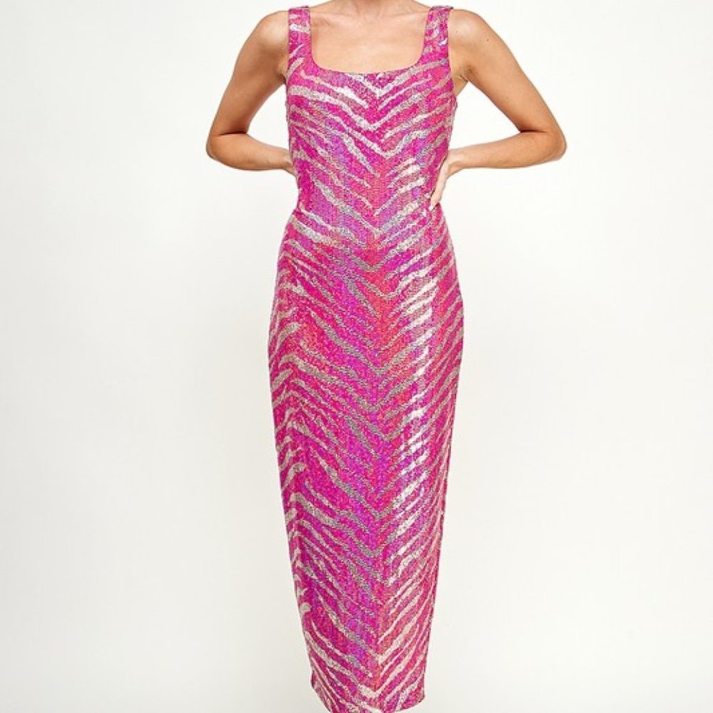 Pink and Silver Zebra Print Sequin Midi Dress